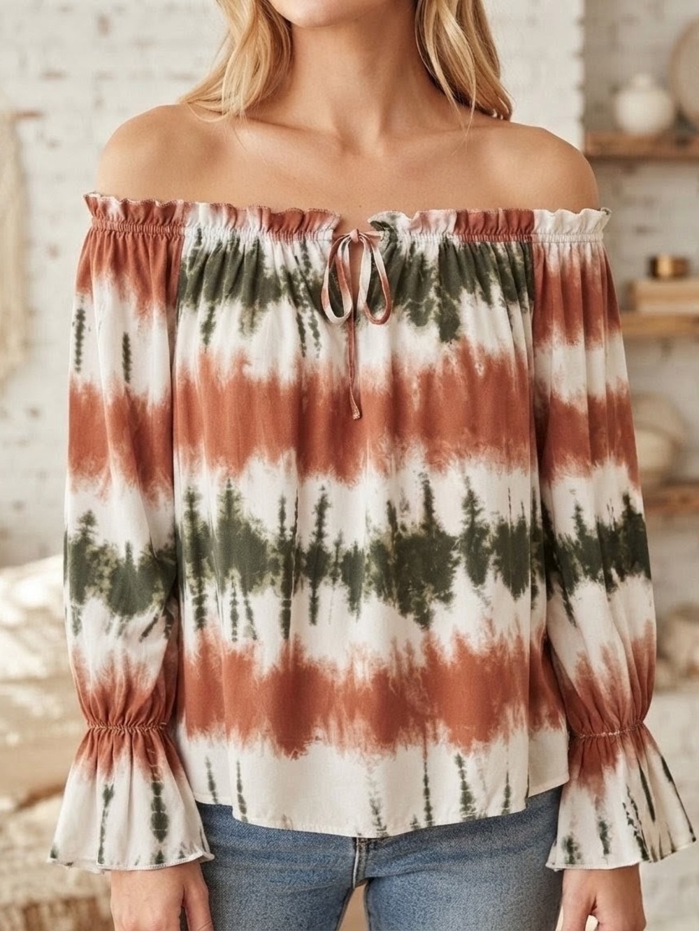 Off-the-shoulder Tie-Dye Blouse Rust Olive White Size XL